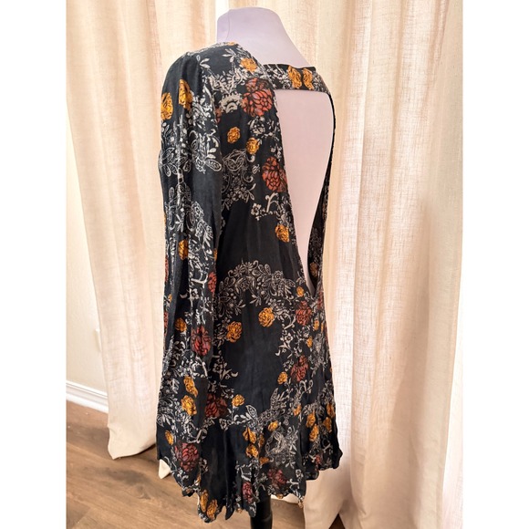 Free People Floral Print Long Sleeve Open Back Tunic Size L Black Orange - Picture 3 of 6